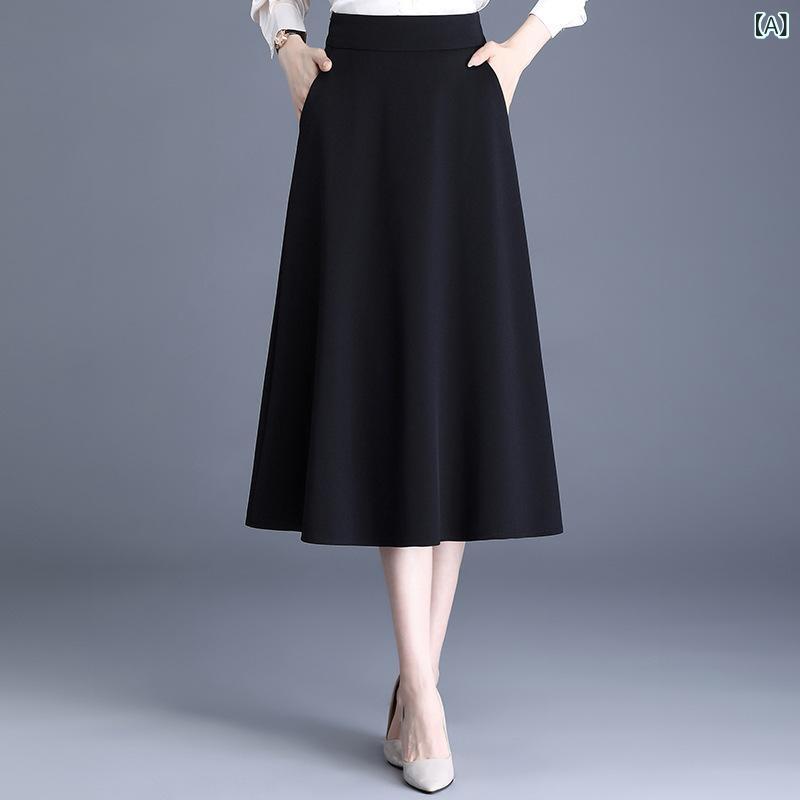 乐天商城 - ロングスカート レディース Aライン ハイウエスト フレアスカート ロング丈 マキシ丈 ウエストゴム 無地 シンプル 美シルエット 体型カバー 着痩せ オフィス 通勤 カジュアル 春夏