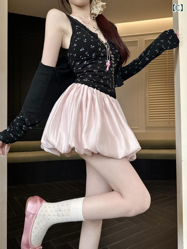 kbox楽天市場店のスカート レディース ミニスカート バレエコア風 パンプキンシルエット Aライン フレアスカート 花苞 ウエストゴム 春夏コーデ 動きやすい 通気性良好 デイリー カジュアル おしゃれ｜アングル3