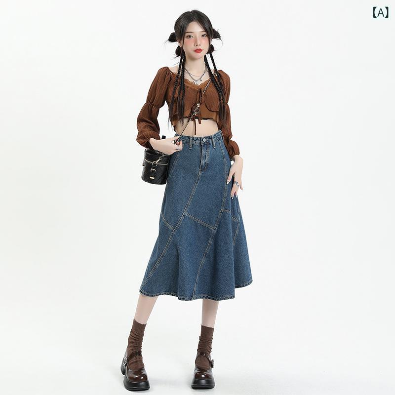 デニムスカート レディース Aライン ハイウエスト ロング丈 フレアスカート マーメイドスカート ロングスカート 無地 ボトムス オールシーズン 着回し 体系カバー スタイルアップ 体型カバー 通勤 通学 デイリー 動きやすい