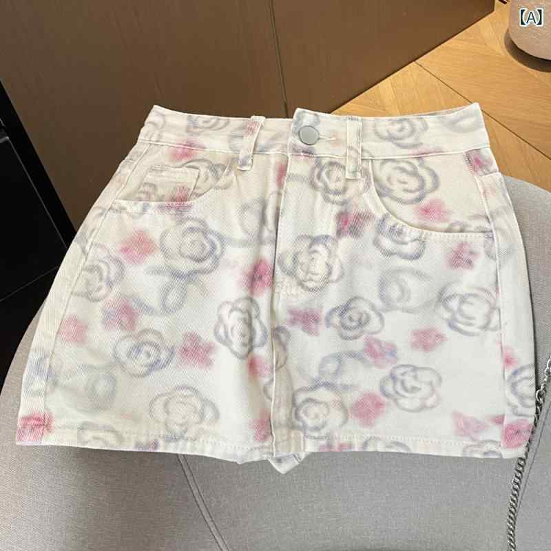 乐天商城 - スカート レディース デニム ハイウエスト 花柄 Aライン ミニ丈 台形スカート 美脚 脚長効果 ショート丈 カジュアル ボトムス オールシーズン 着回し 動きやすい 普段使い お出かけ 体型カバー 春夏