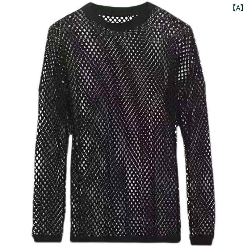 Tシャツ メンズ 長袖 メッシュ 透け感 ロンT カットソー ネット シースルー トップ...