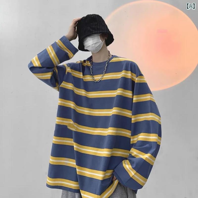 Rakuten - 長袖Tシャツ メンズ ボーダー カットソー 丸首 ゆったり 綿混素材 クルーネック トップス インナー 秋冬 カジュアル シンプル 重ね着 普段着 おしゃれ 体型カバー フィット 柔らかい生地