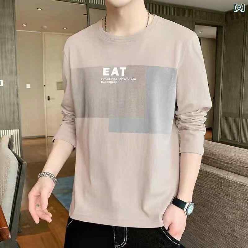 Rakuten - 長袖Tシャツ メンズ クルーネック トップス カットソー コットン混素材 無地 シンプル インナー ロンT カジュアル 重ね着しやすい 部屋着 春秋服 ゆったりシルエット 体型カバー 長袖Tシャツ