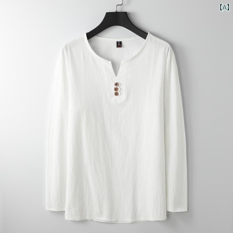 Tシャツ メンズ 長袖 リネン混 Vネック カットソー トップス 綿麻素材 和風 唐装風 ビッグシルエット カジュアル ゆったり 通気性 体型カバー 動きやすい 春夏 秋服