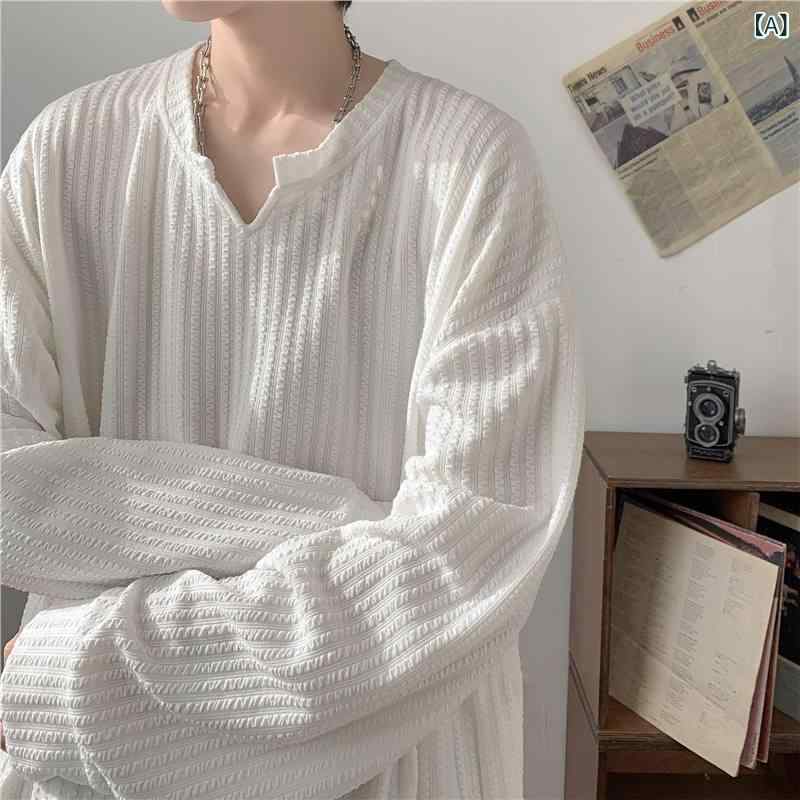 Sportswear - Tシャツ メンズ 長袖 Vネック コットン混 インナー カットソー ロンT 無地 重ね着 シンプル トップス ベーシック 動きやすい 春秋 通年 カジュアル オフィス 仕事着 普段着 ビッグシルエット 柔らかい素材 ストレッチ