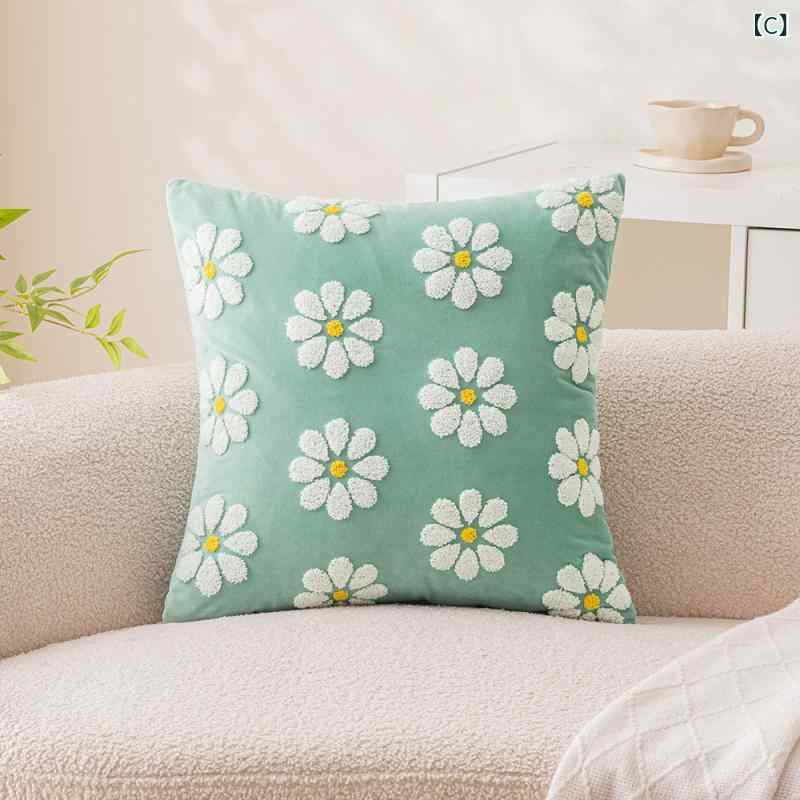 クッションカバー デイジー刺繍 ベルベット素材 北欧 45x45cm おしゃれ クッション...