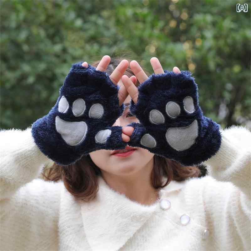 手袋 レディース 防寒 秋冬 猫爪 ふわふわ 裏起毛 半指グローブ 厚手 通学 かわいい フィンガーレス おしゃれ 暖かい 防風 保温性抜群 指なしタイプでスマホ操作がしやすい冬用防寒手袋