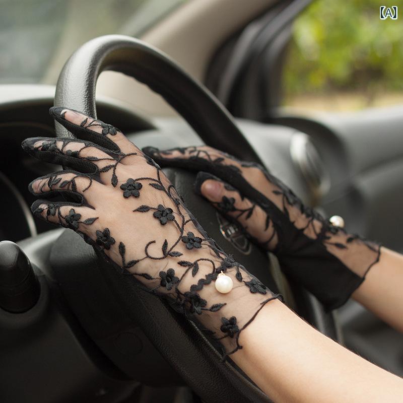 レディース 手袋 UVカット 薄手 ショート丈 レース刺繍 滑り止め付き 日焼け対策 運転用 自転車 紫外線対策 涼しい 蒸れにくい 通気性 おしゃれ 通勤 通学 軽い スマホ対応 フィット感