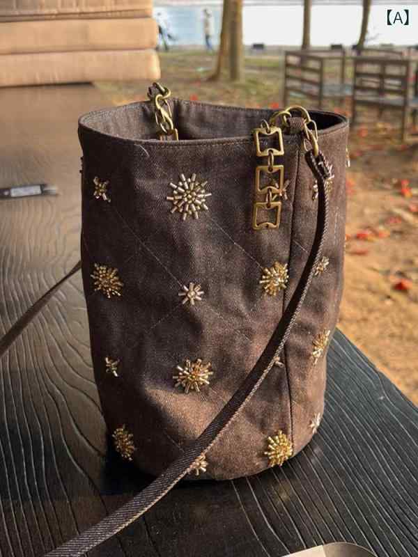 ショルダーバッグ レディース デニム素材 刺繍入り 巾着バッグ 斜め掛け 2way 手提げ カジュアル おしゃれ 丈夫 普段使い お出かけ 収納しやすい 軽量感 刺繡装飾 大人かわいい 大人カジュアル バッグ