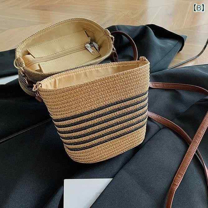 kbox楽天市場店のショルダーバッグ レディース 草編みバッグ かごバッグ 巾着型 肩掛け 斜め掛け 手提げバッグ 夏 リゾート 海水浴 軽量 大容量 ストローバッグ ナチュラル素材 シンプル カジュアル｜アングル2