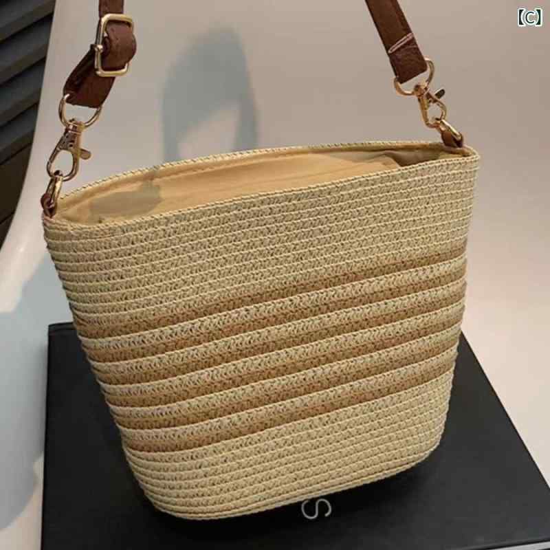 kbox楽天市場店のショルダーバッグ レディース 草編みバッグ かごバッグ 巾着型 肩掛け 斜め掛け 手提げバッグ 夏 リゾート 海水浴 軽量 大容量 ストローバッグ ナチュラル素材 シンプル カジュアル｜アングル3