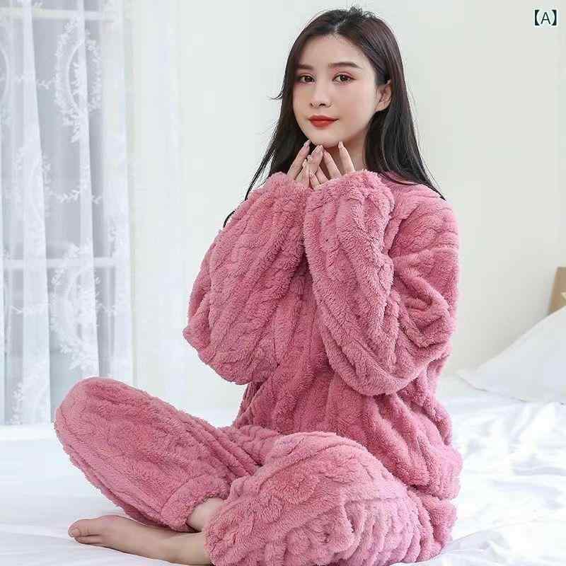 Rakuten - パジャマ レディース セットアップ 長袖 上下セット 厚手 フリース素材 防寒 暖かい 部屋着 ルームウェア 無地 ジャカード織り 伸縮性 柔らかい 肌触り 保温性 秋冬用 動きやすい リラックスウェア