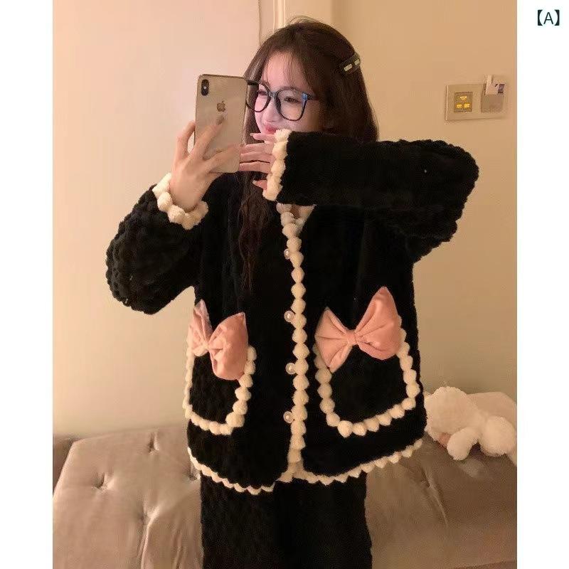 Pajamas - パジャマ レディース フランネル 上下セット 長袖 前開き ルームウェア もこもこ 部屋着 あったか 裏起毛 保温 防寒 暖かい ナイトウェア 秋冬 柔らかい 肌触り 軽い お家時間 冬物 ギフト プレゼント