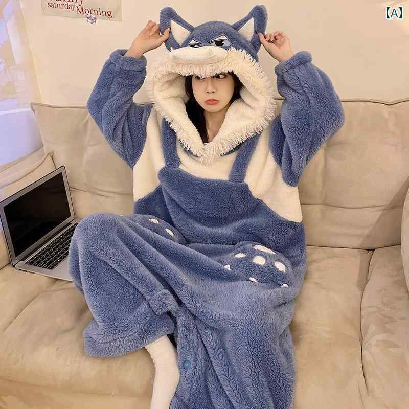 Pajamas - ルームウェア レディース パジャマ 着ぐるみ フード付き 長袖 厚手 あったか素材 冬用 キャラクター 動物柄 部屋着 防寒 オーバーサイズ ゆったり もこもこ 寝巻き ルームウエア 暖かい 動きやすい