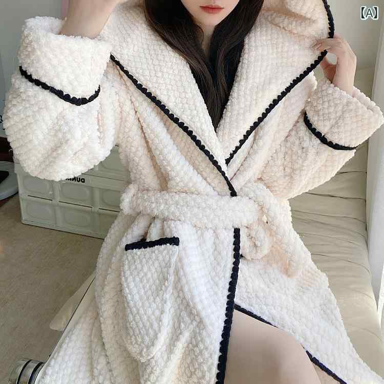 Pajamas - レディース バスローブ ルームウェア フランネル 厚手 フード付き 防寒 ガウン あったか もこもこ 長袖 ロング丈 部屋着 ナイトガウン もこもこ素材 柔らかい ゆったり体型カバー 暖かさ持続 寒さ対策