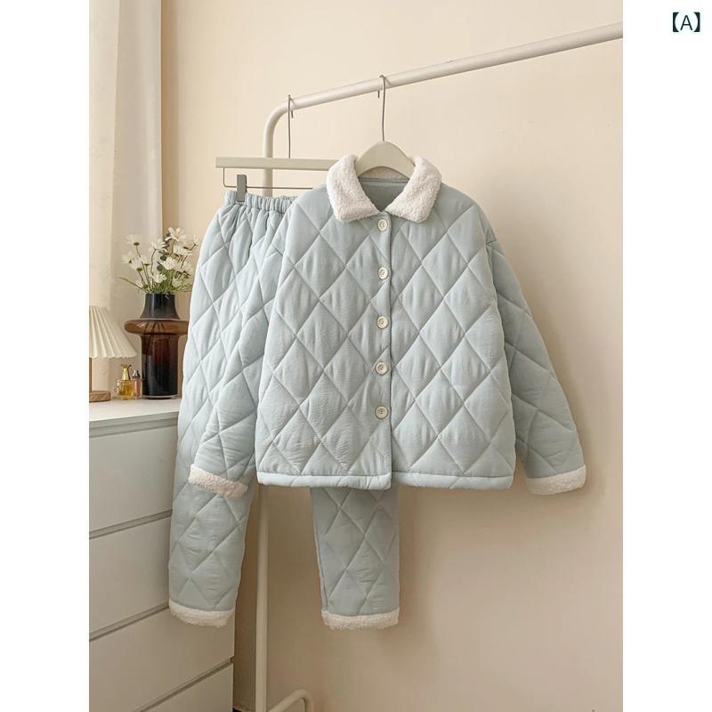 Pajamas - パジャマ レディース セットアップ 上下セット 厚手 中綿 キルティング 防寒 保温 ルームウェア あったか 裏起毛 部屋着 秋冬 寝巻き 長袖 前開き 襟付き 無地 シンプル 動きやすい 軽い