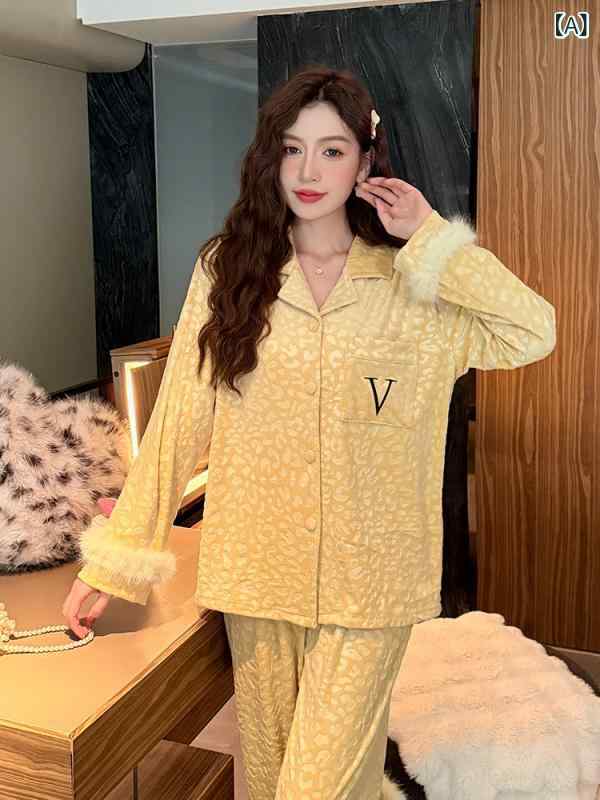 Pajamas - パジャマ レディース セットアップ ボア素材 フリースルームウェア 暖かい 厚手 長袖 前開き 上下セット 冬用 防寒 部屋着 寝巻き 柔らかい 肌触り良い もこもこ 軽い 洗濯可能 ゆったりサイズ おしゃれ