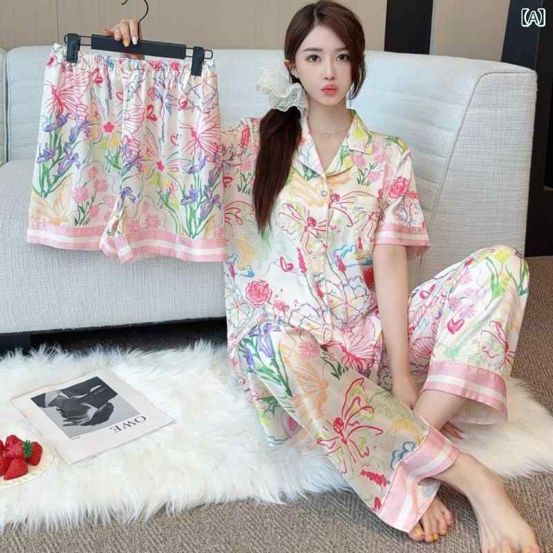 パジャマ レディース シルク調 セットアップ 上下セット 花柄 かわいい 部屋着 半袖 ショートパンツ 前開き ルームウェア 襟付き 薄手 サテン風 涼しい 通気性 快適寝心地 動きやすい ギフト