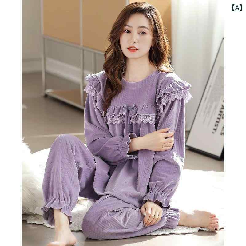 Pajamas - パジャマ レディース セットアップ 上下セット フランネル素材 ルームウェア 長袖 前開き 無地 厚手 暖かい 保温性 防寒 秋冬用 部屋着 寝巻き 柔らかい 肌触り良い あったか 体型カバー ゆったり