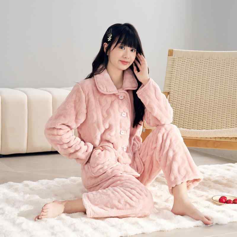 Pajamas - ルームウェア レディース セットアップ 上下セット モコモコ 長袖 長ズボン 部屋着 フランネル素材 防寒 保温 あったか パジャマ ルームウエア 厚手 もこもこ 柔らかい肌触り 伸縮性 冬用 リラックスウェア 寝巻き 快適着心地 寒さ対策