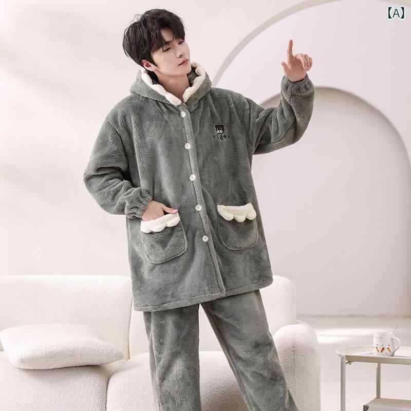 Pajamas - ルームウェア ペア パジャマ レディース メンズ 上下セット 裏起毛 厚手 フード付き 暖かい 防寒着 長袖 長ズボン 前開き セットアップ 部屋着 秋冬用 外出可能 ゆったりサイズ 動きやすい 保温性