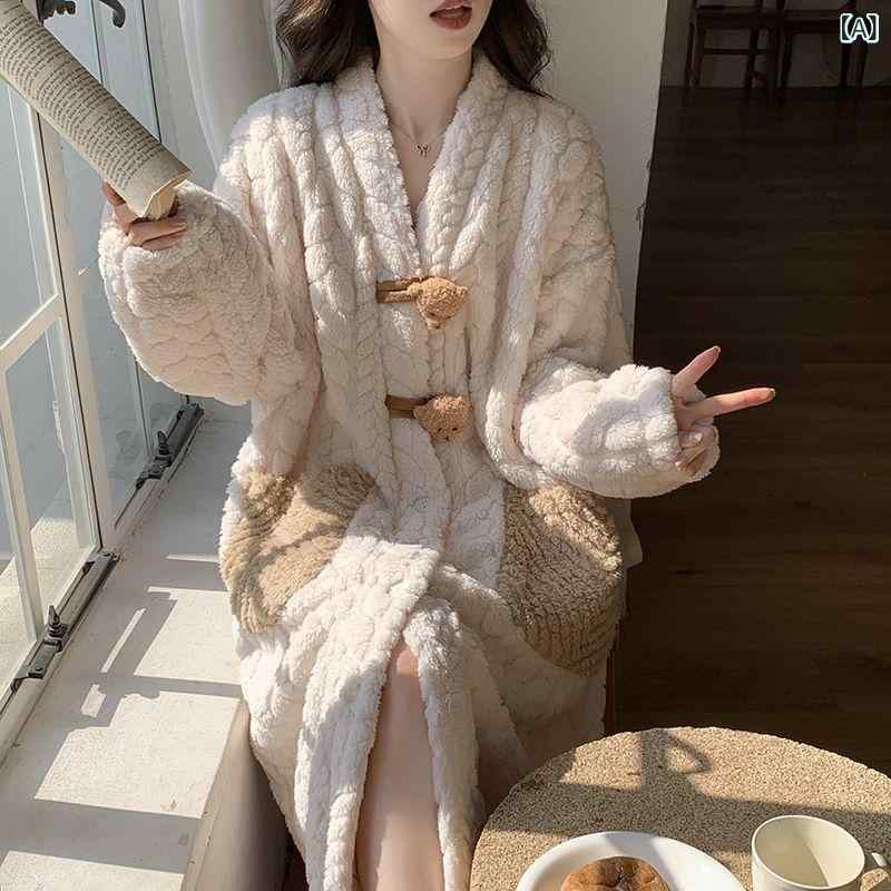 ルームウェア レディース ガウン ロング丈 珊瑚フリース あったか 裏起毛 くま耳 ...