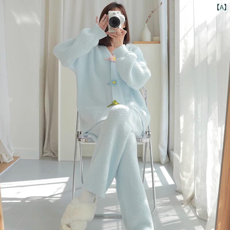 Pajamas - ルームウェア レディース パジャマ セットアップ 花柄 裏起毛 フリース素材 あったか 冬用 防寒 部屋着 上下セット 長袖 長ズボン もこもこ 暖かい 寒さ対策 柔らかい 肌触り 保温性 快適寝心地