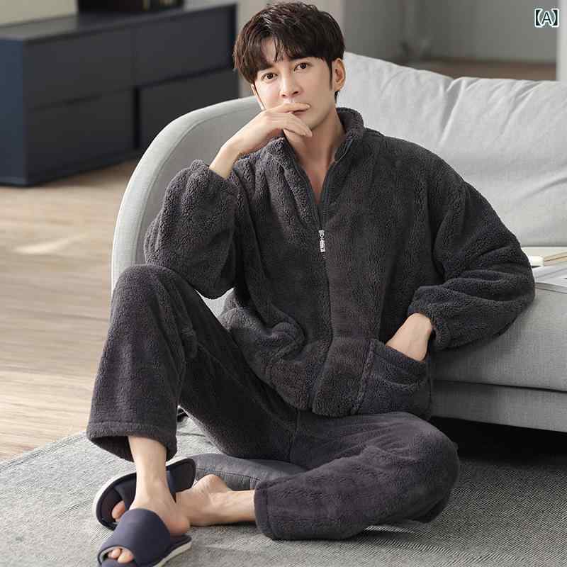 Pajamas - パジャマ メンズ フリース 上下セット あったか 裏起毛 秋冬 前開き スタンドカラー 厚手 部屋着 防寒 保温 ルームウェア セットアップ 暖かい 動きやすい 紳士用 寝巻き 長袖 ロングパンツ