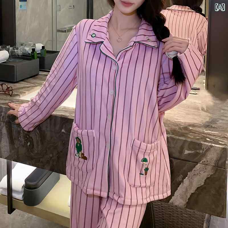 Pajamas - パジャマ レディース セットアップ クマ柄 長袖 ルームウェア 上下セット あったか素材 厚手 部屋着 秋冬用 前開き 襟付き かわいい 寝巻き 防寒対策 暖か 保温性抜群 着脱しやすい 睡眠時リラックス