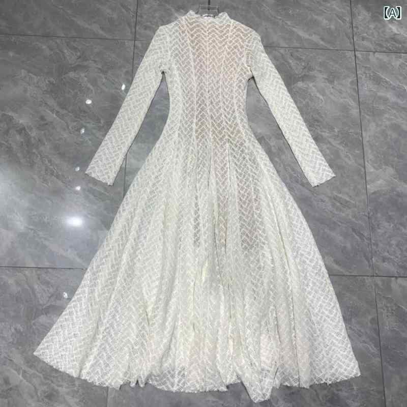 樂天商城 - ワンピース レディース レース ロング丈 長袖 シフォンワンピース フレア プリーツ スリムフィット Aラインドレス フェミニン エレガント パーティー 結婚式 二次会 披露宴 体型カバー 着痩せ