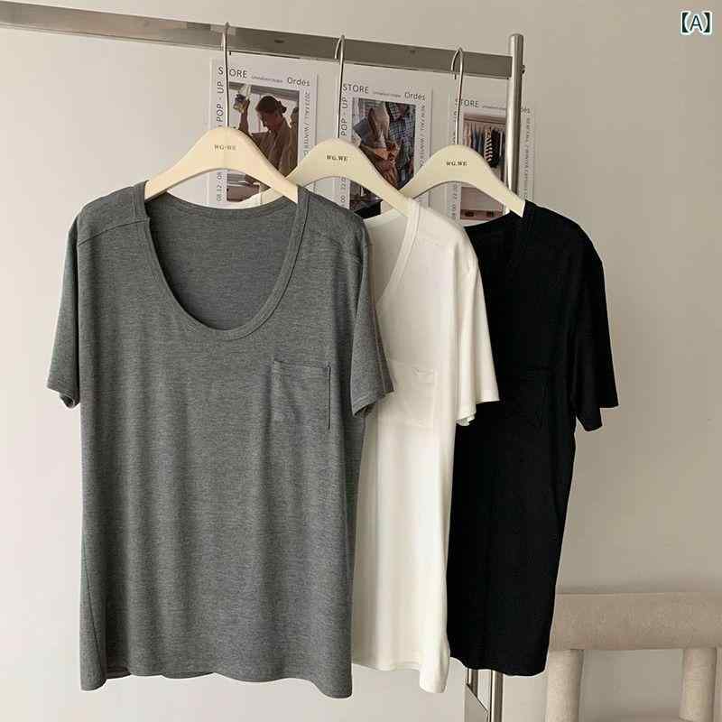 Tシャツ レディース 半袖 Uネック カットソー コットン混 インナー シンプル 無地 トップス 薄手 通気性 伸縮性 フィット感 動きやすい..