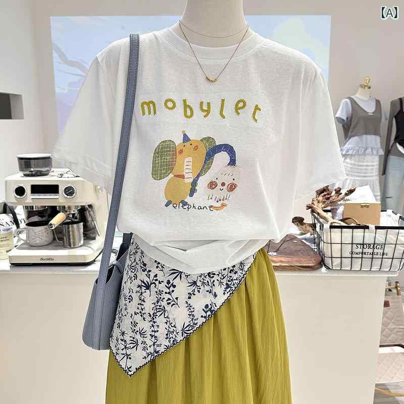 Tシャツ レディース 半袖 カットソー プリント ロゴ コットン混 トップス クルーネック ゆったり オーバーサイズ 体型カバー カジュアル スポーティー 通学 通勤 夏服 おしゃれ