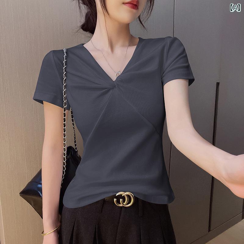 乐天商城 - Tシャツ レディース Vネック 半袖 カットソー スリムフィット フロントツイスト 無地 トップス タイトシルエット 伸縮性 シンプル きれいめ ストレッチ 着回し 普段使い 重ね着 通勤 通学 動きやすい