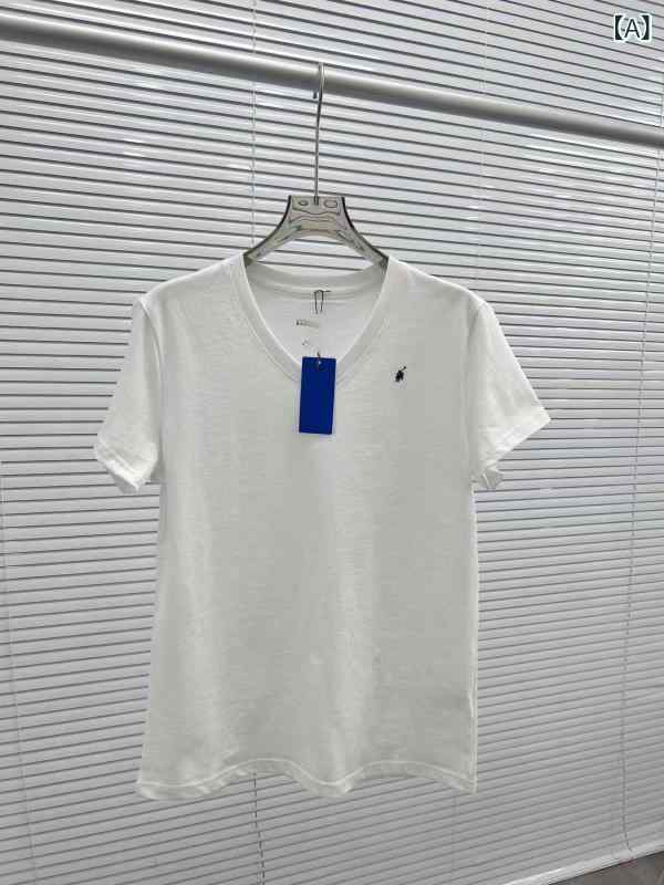 Tシャツ レディース Vネック 半袖 トップス 刺繍ロゴ入り シンプル 無地 カットソー コットン混素材 伸縮性 通学 通勤 デイリー使い カジュアル 着回し力抜群 体型カバー インナー 重ね着 洗濯機可