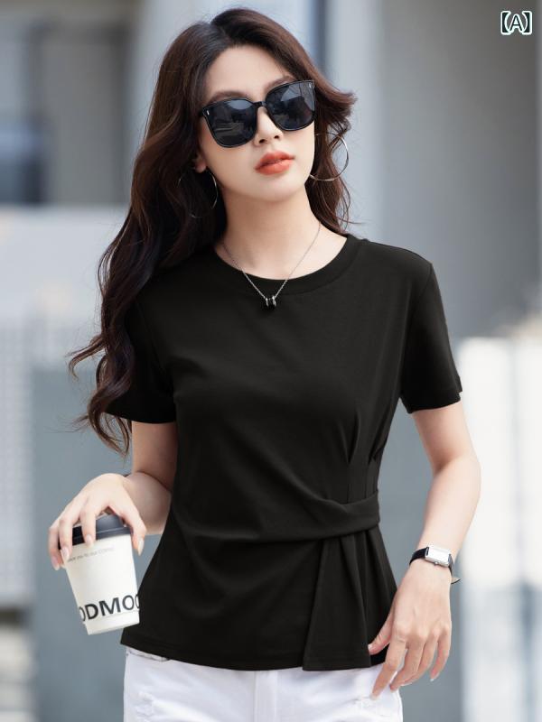 Tシャツ レディース カットソー 半袖 綿混 クルーネック トップス シンプル 無地 コットン素材 通気性 吸汗性 カジュアル ルームウェア 部屋着 普段着 インナー 重ね着 涼しい ベーシック お出かけ 動きやすい