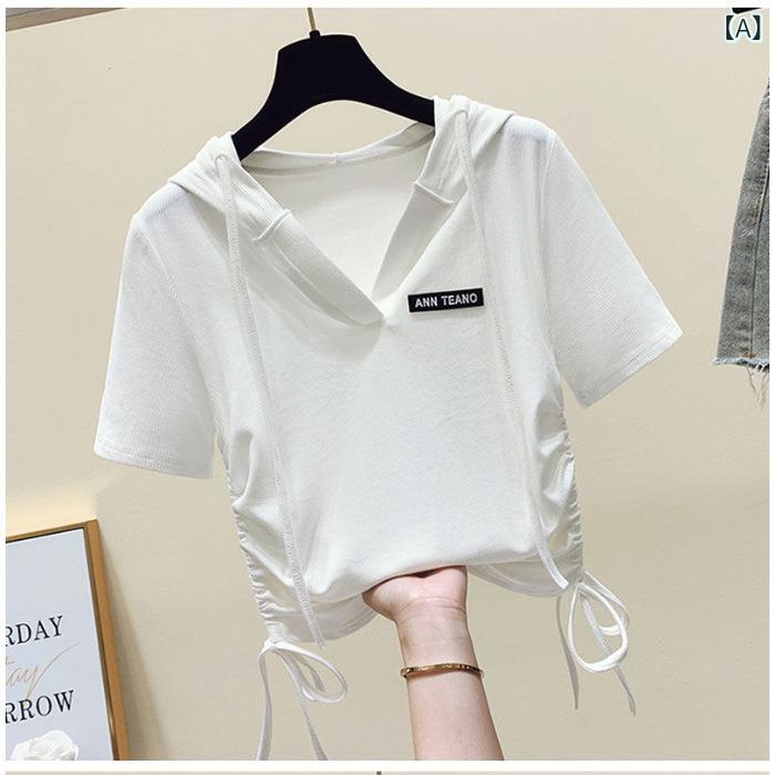 Tシャツ レディース 半袖 フード付き トップス カットソー ショート丈 紐付き 無地 クール素材 接触冷感素材 夏服 おしゃれ デイリー カジュアル 動きやすい 涼しい サマーニットソー 薄手