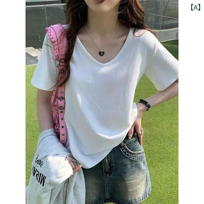Rakuten - Tシャツ レディース 半袖 Uネック 無地 シンプル カットソー トップス コットン混素材 伸縮性 着回し インナー ショート丈 体型カバー ゆったりシルエット ベーシック 通気性 動きやすい 夏服