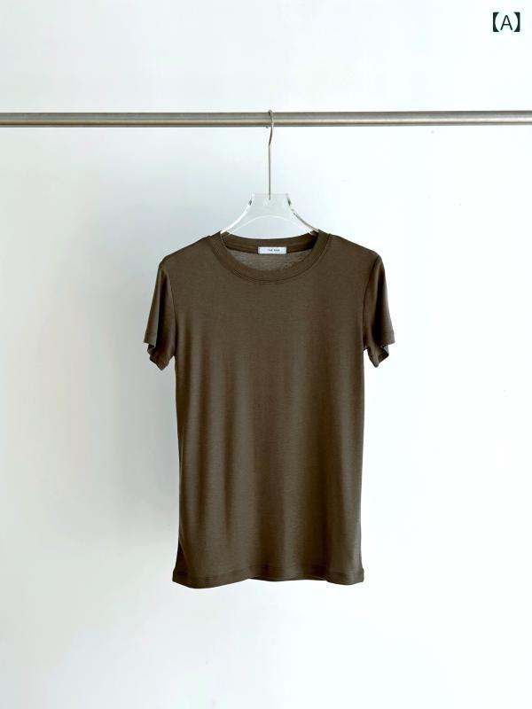カットソー レディース 半袖 トップス Tシャツ 薄手 ウール混 クルーネック インナー 無地 シンプル 重ね着 通気性 伸縮性あり 着回し..