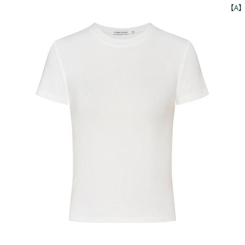 Tシャツ レディース 半袖 トップス カットソー レッド 無地 クルーネック スリム ...