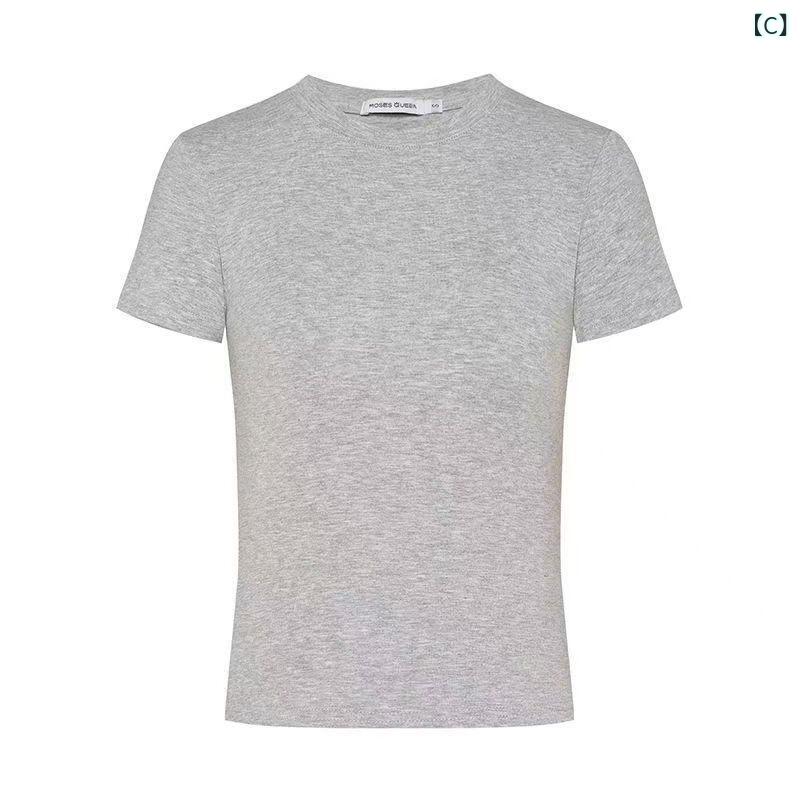 Tシャツ レディース 半袖 トップス カットソー レッド 無地 クルーネック スリム ...