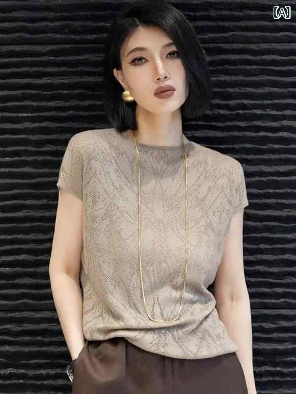 Tシャツ レディース 半袖 カットソー ジャガード 上品 トップス 正肩 五分袖 コットン混 丸首 体型カバー 着痩せ きれいめ 無地 シンプル 普段着 オフィス 通勤 通学 デイリー 動きやすい