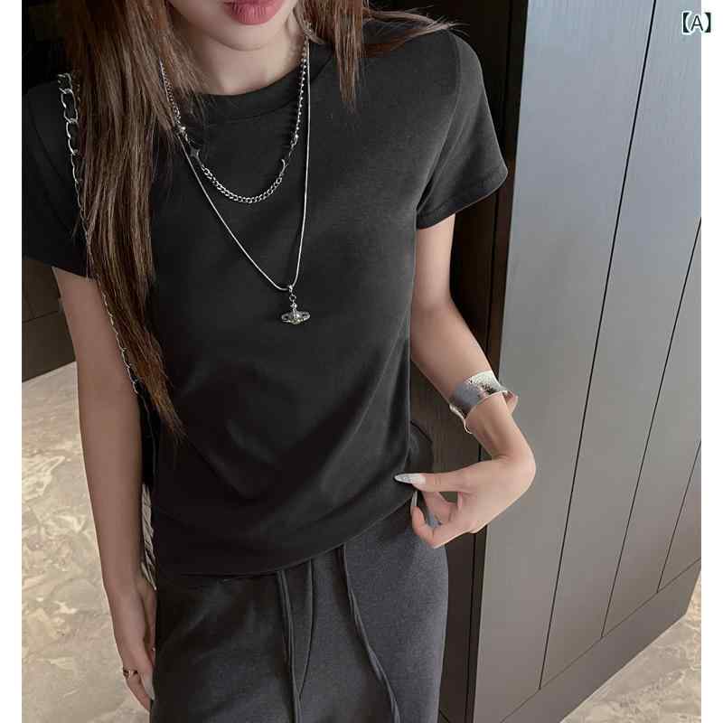 樂天商城 - Tシャツ レディース カットソー 半袖 コットン素材 クルーネック 丸首 無地 ショート丈 タイトフィット トップス インナー シンプル カジュアル 伸縮性あり 着回し力抜群 デイリー 重ね着 快適肌触り