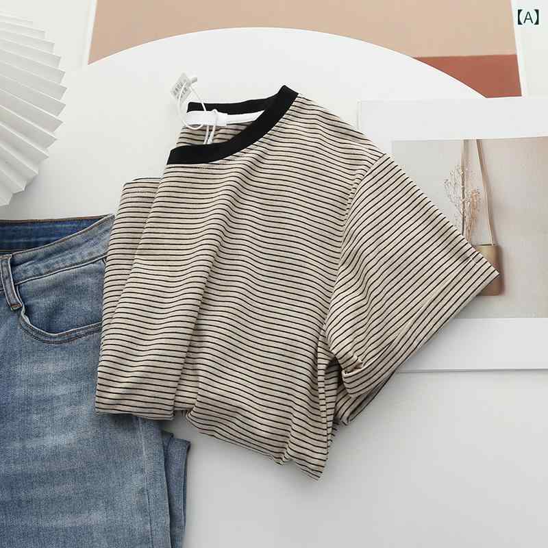 Tシャツ レディース ボーダー 半袖 切り替え ゆったりサイズ ラウンドネック コットン混紡素材 夏服 トップス カットソー カジュアル デイリーウェア 体型カバー 動きやすい 通勤 通学