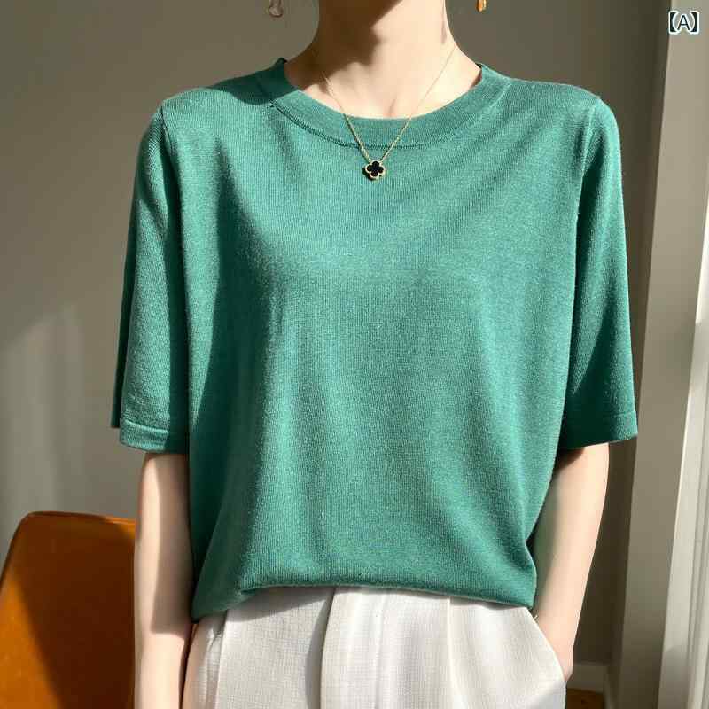 ニットTシャツ レディース 半袖 無地 ウール混天竺 トップス 丸首 プルオーバー 通気性 伸縮性 きれいめシルエット 冷房対策 着回し 重ね着 デイリー カジュアル トップス