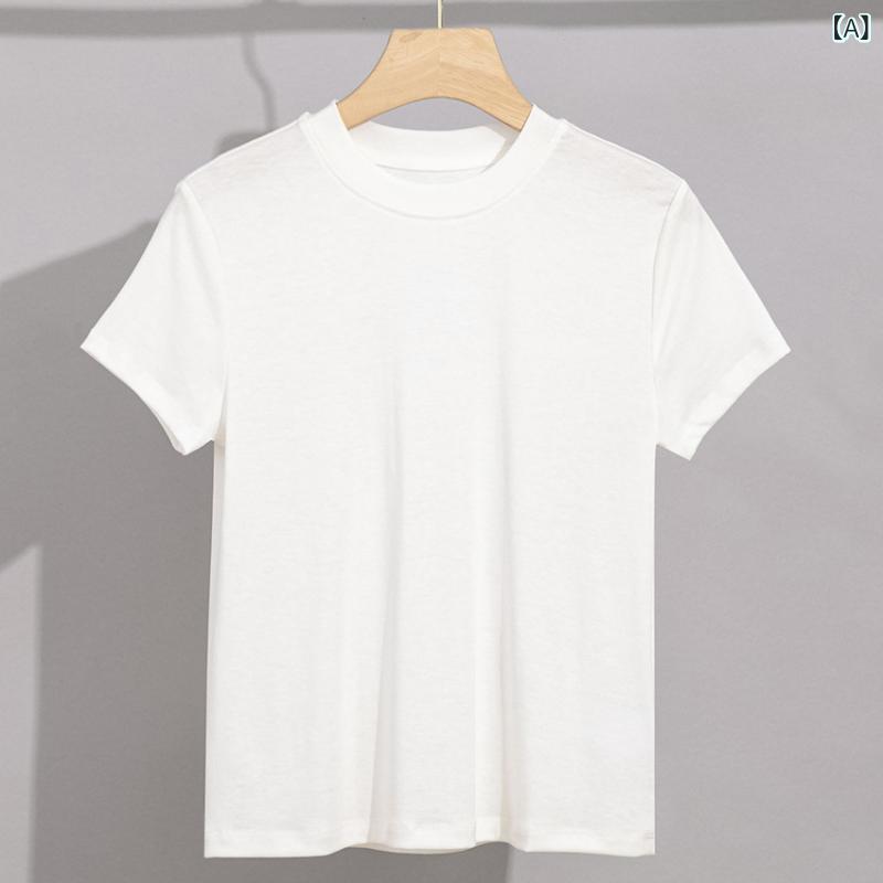 Rakuten - Tシャツ レディース 半袖 カットソー コットン混素材 無地 クルーネック スリムフィット 透け感控えめ 伸縮性 通気性 シンプル トップス インナー 通勤通学 夏服 薄手 軽量 使いやすい