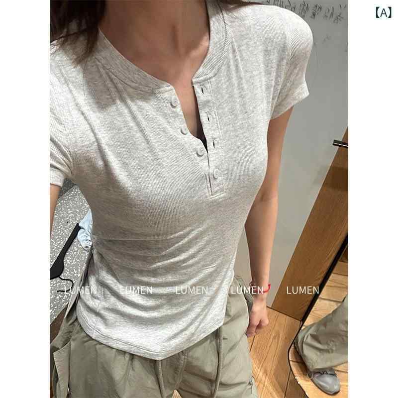 Tシャツ レディース カットソー 半袖 リブ トップス へンリーネック フィット感 タイトシルエット スリム 伸縮性 スポーツウェア フィットネス ジム ヨガウェア 無地 動きやすい 肌触り 普段着 快適設計