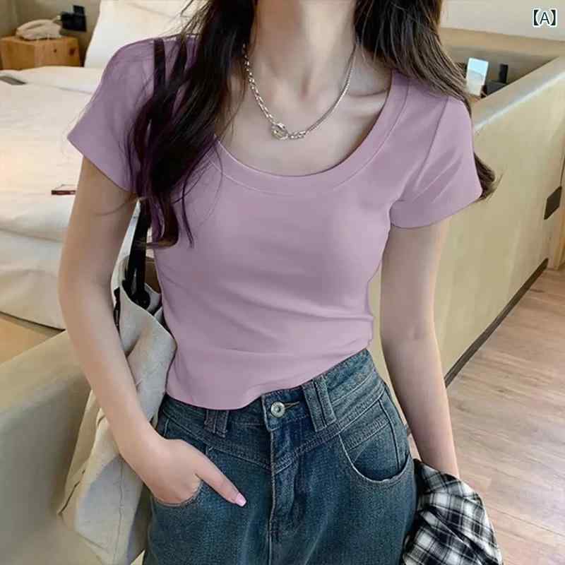 Tシャツ レディース 半袖 無地 カットソー スリム タイト ショート丈 トップス クルーネック 綿混 ストレッチ素材 着痩せ シルエット きれいなライン カジュアル デイリー 通勤 通学 動きやすい