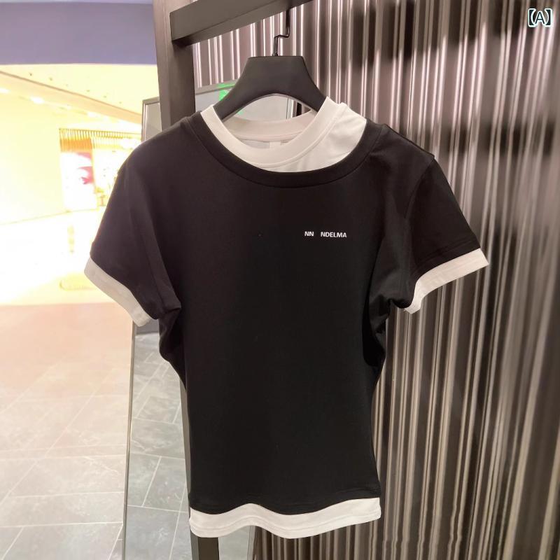 Tシャツ レディース カットソー 重ね着風 フェイクレイヤード 襟付き 襟配色 スリム フィット インナー 重ね着 半袖 カジュアル トップス デニム合わせ 体型カバー 伸縮性 動きやすい