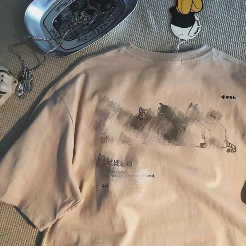 Tシャツ レディース メンズ 半袖 カットソー 猫柄 プリント トップス 綿混素材 ゆったり 大きいサイズ クルーネック カジュアル 吸汗速乾 スポーツ 部屋着 普段着 おしゃれ 体型カバー 動きやすい