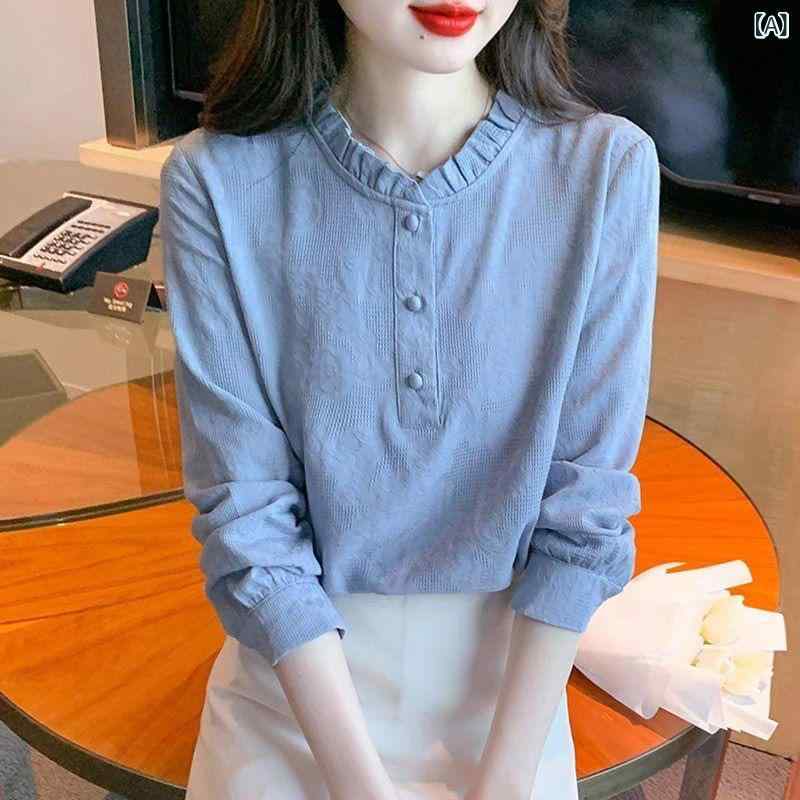 Short Sleeves - ブラウス レディース 長袖 フリルネック ジャガード コットン素材 トップス シャツ 着痩せ 通勤 通学 カジュアル インナー 柔らかい肌触り 重ね着しやすい